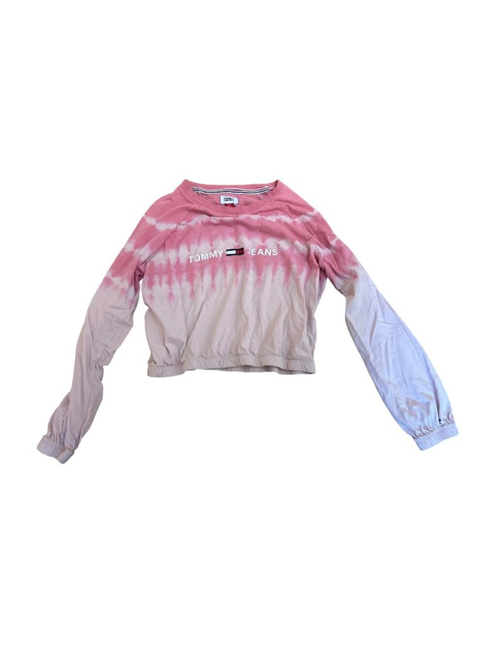 Tommy Jeans Top Shirt S/P Pink Tie-Dye Cropped Long Sleeve Elastic Hem